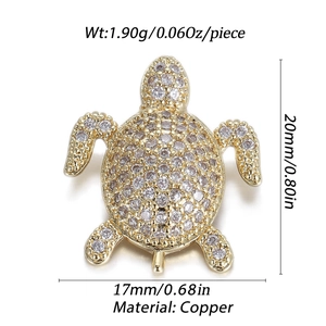 Macro view of 14k gold plated turtle pendant with dimensions and weight specs
