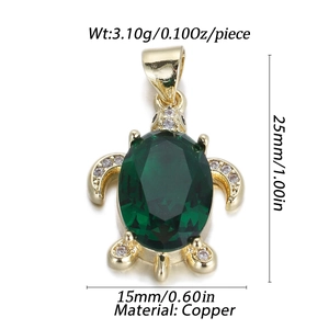Detail view of 25mm sea turtle pendant with green oval stone and zircon accents