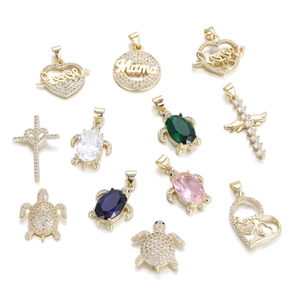 Copper Zirconia Pendant Only Without Chain Sea Turtle Heart Cross Mama Love 14K Gold Plated DIY Accessory For Women Gift