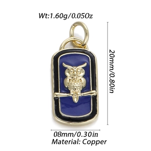 Detail of owl pendant with blue enamel, copper material specs, size 20mm by 8mm