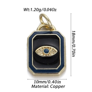 Detail showing gold-plated copper Evil Eye charm with blue enamel and dimensions