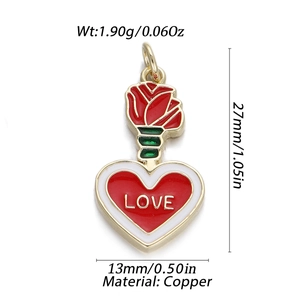 14K gold plated heart and rose pendant necklace with LOVE inscription for jewelry DIY
