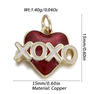 Macro view showing dimensions and weight of 14K gold plated XOXO glitter heart pendant