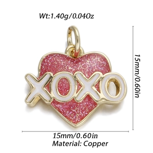 Pink heart-shaped 14K gold-plated copper pendant with XOXO text and 15mm dimensions