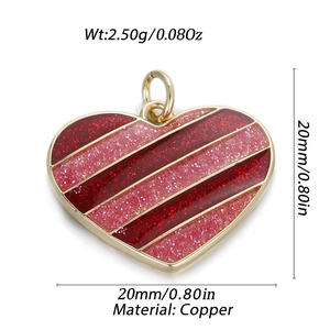 Detail of 20mm heart pendant in copper with pink glitter stripes and dimensions