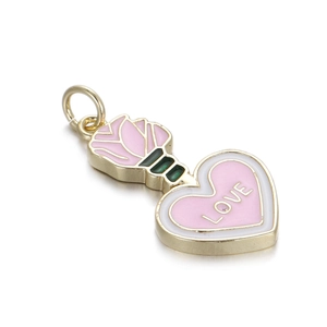 Detailed view of 14K gold-plated rose heart pendant with pink enamel and LOVE engraving