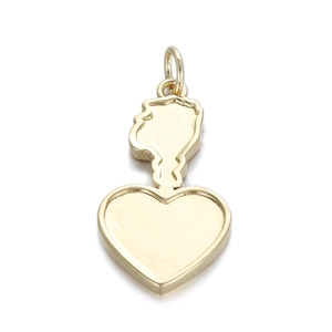 Macro detail of 14K gold plated heart pendant featuring a delicate female profile silhouette