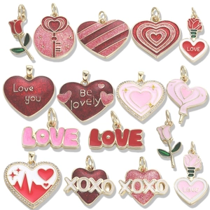 14K Gold Plated Copper Heart Rose Pendant Charm For DIY Jewelry Making Valentine's Day Love Heart Zirconia Inlaid Necklace Accessory