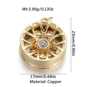 Polished golden copper car wheel rim pendant with 23mm height and 17mm diameter dimensions