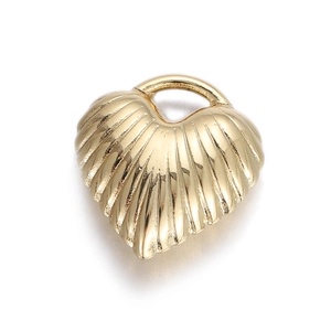Detail of 14k gold plated heart bead with vertical ribbed texture for jewelry making