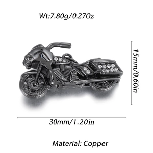 Detail view of 30mm black copper motorcycle pendant with white zircons and dimensions