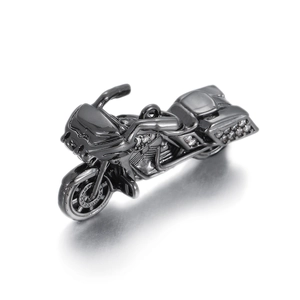 Detailed close-up of a gunmetal motorcycle pendant with sparkling white cubic zirconia