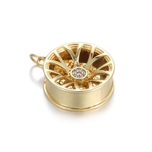 Golden racing wheel hub pendant with zircon accents for DIY jewelry making