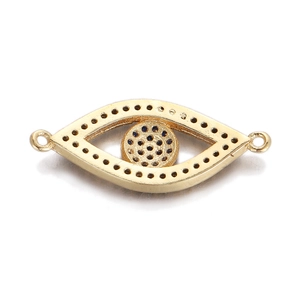 Detail van de gouden boze oog-connector met blauwe stenen voor het maken van sieraden