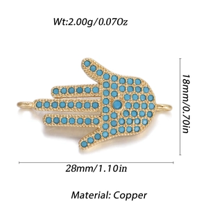 Gouden messing Hamsa-hand connector met blauwe kralen, 28x18mm voor DIY-sieraden maken