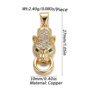 Detailed view of leopard head pendant in copper with size specs 27mm by 10mm