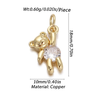 Detail of copper bear pendant with clear cubic zirconia showing 18x10mm dimensions