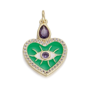 Pendente a cuore vintage francese con occhio in smalto verde e zircone viola placcato oro
