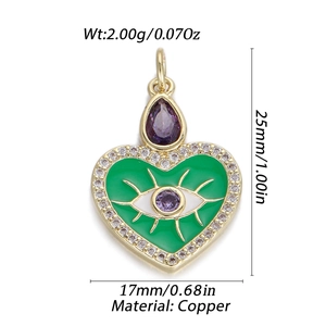 Pendente cuore malocchio in rame dorato con smalto verde e pietre viola lucide