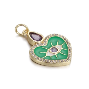 Ciondolo a cuore placcato oro con smalto verde, motivo occhio del male e pietre viola