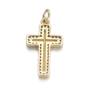Detail view of a gold-layered cross pendant with sparkling micro-pave zirconia crystals