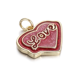 Golden heart pendant with red glitter enamel and Love engraving for DIY jewelry