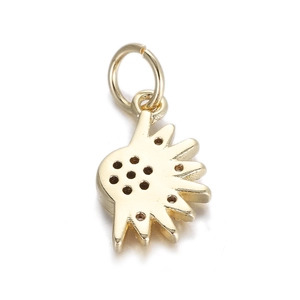 Detailed view of a golden starburst pendant with multiple holes and a top hanging loop