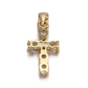 Detailed back view of a gold cross pendant with hollow settings and a sturdy bail