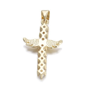 Exquisite gold-plated copper cross pendant with angel wings and zircon claw settings