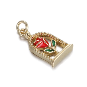 Detailed view of a gold-plated arched bell jar pendant with a red enamel rose motif