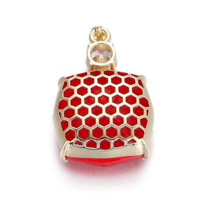 Vue détaillée du pendentif alvéolé doré avec émail rouge et pierre de zircon brillant