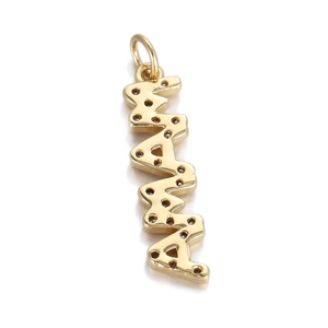 Detailed view of a gold-plated MAMA pendant with micro-inlaid dark gemstones for DIY jewelry