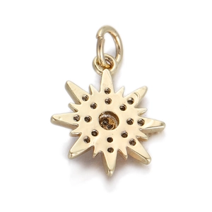 Macro detail of golden sunburst charm pendant with intricate hollow back design