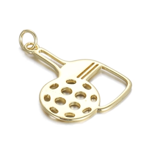 Macro shot of gold pickleball paddle pendant with hollow design and smooth metal finish