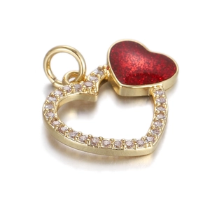 Detail of interlocking heart pendant with red enamel and white zircon micro-inlay