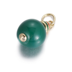 Detail of dark green agate bead pendant with golden metal loop and tri-color enamel rings