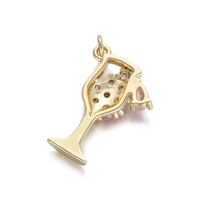 Macro shot of gold wine glass pendant with pink zircons and letter B detail