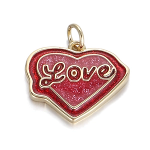Golden heart pendant with red glitter enamel and Love script for DIY jewelry necklace