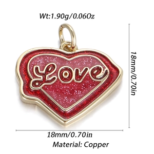 Golden copper heart pendant with red glitter and Love engraving for DIY jewelry
