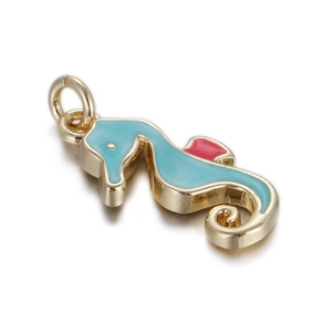 Gold seahorse pendant charm with blue enamel and red accents for DIY jewelry making