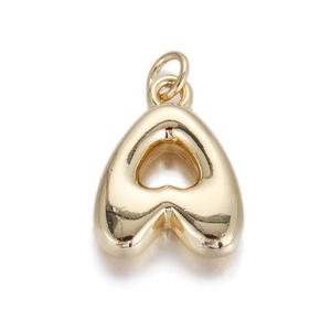 Gold puffy bubble letter A heart pendant with polished finish and dual ring attachment