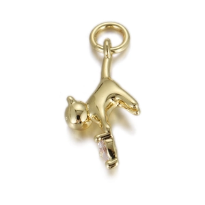 Detailed view of a polished golden cat pendant with a sparkling zircon inlay on white backdrop