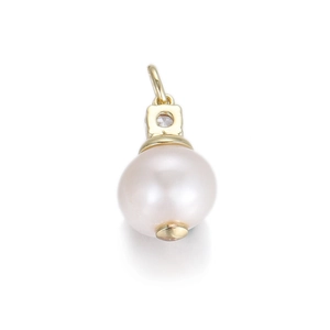 Detail of light pink freshwater pearl pendant with gold plating and zircon inlay