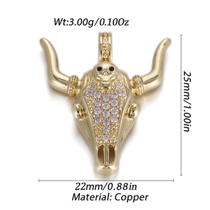 Gold bull head necklace pendant in copper with white cubic zirconia crystal stones