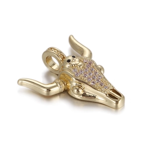 Golden enamel bull head necklace pendant with purple zircon inlay and black bead accents