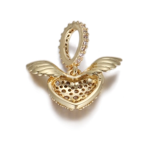 Detailed view of heart shaped pendant with golden angel wings and sparkling zircon inlay