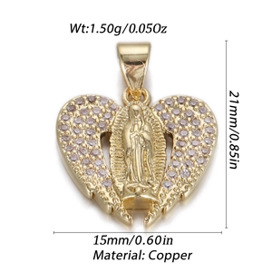 Pendentif cœur en cuivre doré avec zircon, Vierge Marie et ailes d'ange gravées
