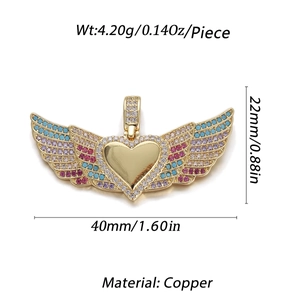Macro view of winged heart pendant featuring colorful zircon stones and dimensions