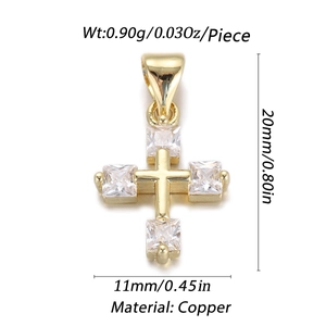 Dettagli del ciondolo a croce in rame con zirconi, misura 20mm x 11mm e peso