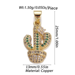 Detailed view of 25mm gold-plated copper cactus pendant with green and white zircons